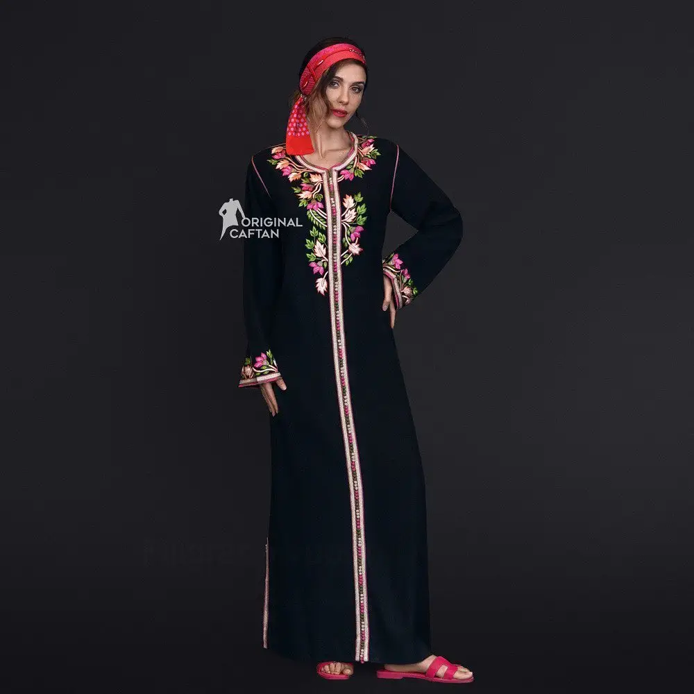 Schwarzes Satin marok kanis ches Kaftan Kaftan arabisches Kleid mit sehr schöner Handarbeit für europäischen muslimischen Frauen mädchen großhandel