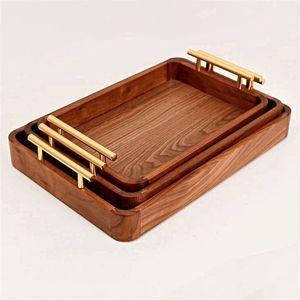 Teak Wooden Serving Tray with Metal Handle Modern Single Tier Rectangle <b>Breakfast</b> Board for Dining Table Cafe & Hotel Use - Product Image 1