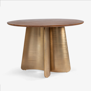 Mesa de Comedor de Diseño Moderno con Cubierta Redonda de Acacia Maciza y Base de Metal Natural con Acabado Dorado para Cocina, Hogar y Restaurante - Product Image 2