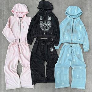 2025 hombres diseño personalizado ácido lavado chándal grueso cremallera bordado parche acampanado completo chándal con capucha y pantalón de chándal conjunto para hombres - Product Image 3