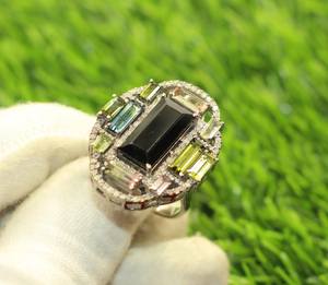 Bague cocktail en argent sterling 925 avec tourmaline naturelle multicolore et diamant taille unique, plaquée rhodium, sertie à griffes, pour soirée de luxe - Product Image 4