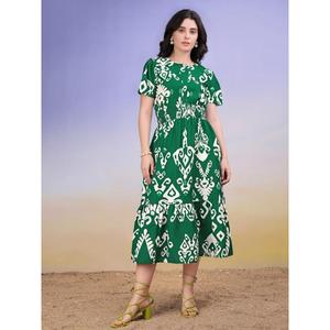 Vestido largo MIDI informal con mangas abullonadas y cuello barco étnico para mujer - Product Image 3