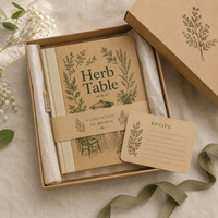 Journal de recettes personnalisé LABON A5, couverture rigide en kraft avec dos en lin, illustration d'herbes, pages intérieures personnalisées et coffret cadeau