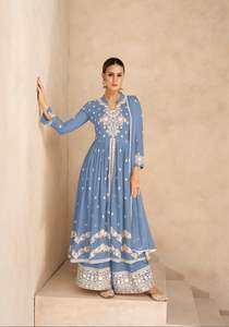 Traje étnico de trabajo de hilo de rayón pesado de último diseñador de Fab Zone para adultos, ropa de fiesta India pakistaní de alta calidad, Kurti Palazzo - Product Image 3