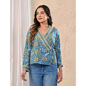 Blusa Azul Jaal con Bordado Floral y Cuello Asimétrico de Tela Popelina con Detalles Laterales en Dori, Blusa Formal Larga para Mujer, Tallas XS a XL - Product Image 3