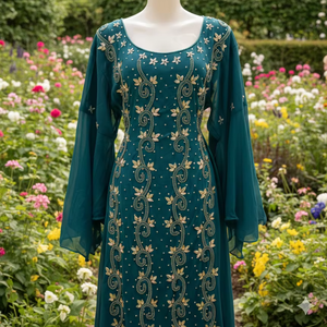 Elegancia Esmeralda Radiante: Un caftán artesanal adornado a mano con intrincados bordados florales dorados y mangas acampanadas. - Product Image 1