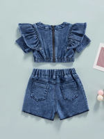 Ensemble de vêtements pour filles 2024, 2 pièces, 2-6 ans, tenue en jean bleu, haut court à volants avec fermeture éclair au dos + jupe en jean
