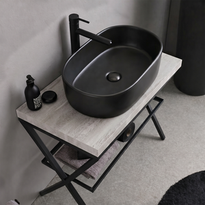 Mobiletto da Bagno Koricini Manchester 60cm con Ripiano in Vetro e Top in Cemento & Specchio 60x80cm - Metallo Nero - Product Image 3