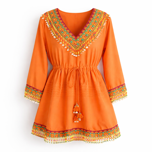 Haut de festival Heritage Luxe, dentelle à franges brodée, couvre-épaules court, taille naturelle, double cordon de serrage avec broderie - Product Image 1