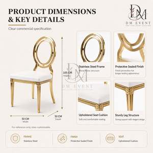 Chaise de mariage en acier inoxydable doré à double anneau et dossier médaillon, avec coussin blanc, pour banquets et événements hôteliers - Vente en gros de sièges - Product Image 4