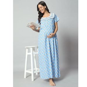 ชุดนอนคลุมท้องผ้าฝ้าย 100% สำหรับผู้หญิง แขนสั้น ความยาวเต็มตัว ผ้าระบายอากาศ ลายดอกไม้ที่คอ ดีไซน์หรูหรา สไตล์ลำลอง สำหรับฤดูร้อน - Product Image 1
