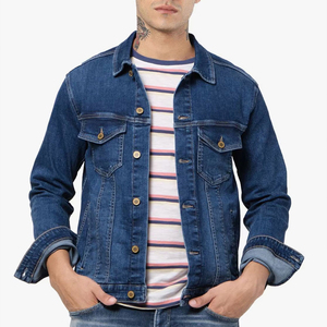 Veste en jean longue extensible sur mesure pour homme, veste en jean en coton bleu, veste en jean unie d'hiver pour homme, taille plus - Product Image 1