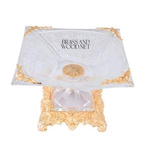 Luxury golden brass and crystal square decorative bowl with ornate carved base and elegant <b>corner</b> details for classic interiors - Product Image 2