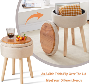 Taburete de tocador redondo de lino otomano de almacenamiento, taburete de pie moderno superior con patas de madera, descanso otomano de pie tapizado multifuncional - Product Image 3