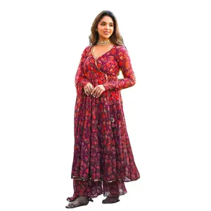 Novo Indiano Georgette Floral Designer Terno Dupatta Set, Digital Impresso Top Sharara Conjunto Com Dupatta Festivo/Partywear Readymade