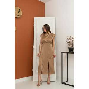 Vestido Helen al por mayor, de satén, silueta ajustada, falda de visón con cintura natural y abertura - Product Image 4