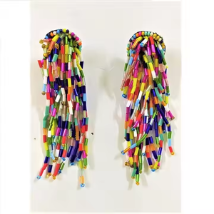 Pendientes de Lujo con Cuentas Bordadas a Mano de la India, Multicolores, Hechos por MD Handicrafts - Product Image 3