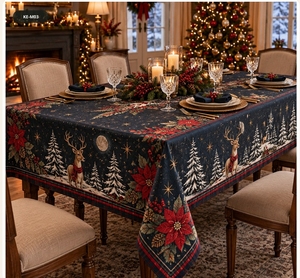 Nappe de Noël brodée imperméable classique 100% coton, motif guirlande de sapins et cheval de carrousel, bordure rouge, luxe pour les fêtes - Product Image 3