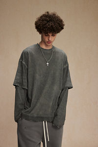 Haute qualité 100% coton lourd surdimensionné lavé hommes deux pièces épissé Double couche à manches courtes tricoté respirant - Product Image 6