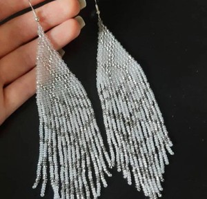 Pendientes de cuentas, pendientes muy largos de plata blanca, pendientes extra largos, pendientes de flecos - Product Image 2
