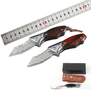 Cuchillo de bolsillo con mango de madera de bolsillo plegable, cuchillo plegable de Damasco, cuchillo de caza de acero forjado con patrón de Damasco con funda - Product Image 3