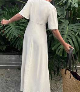 Vestidos de manga corta con lazo de busto fruncido Floral Ditsy para mujer 100% algodón hecho a mano liso teñido Casual para Primavera/Verano - Product Image 2