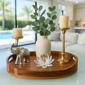 Plateau de service et d'organisation rond en bois massif de qualité supérieure avec poignées faciles à saisir pour la salle à manger, la table basse, la cuisine et la décoration intérieure - Product Image 6