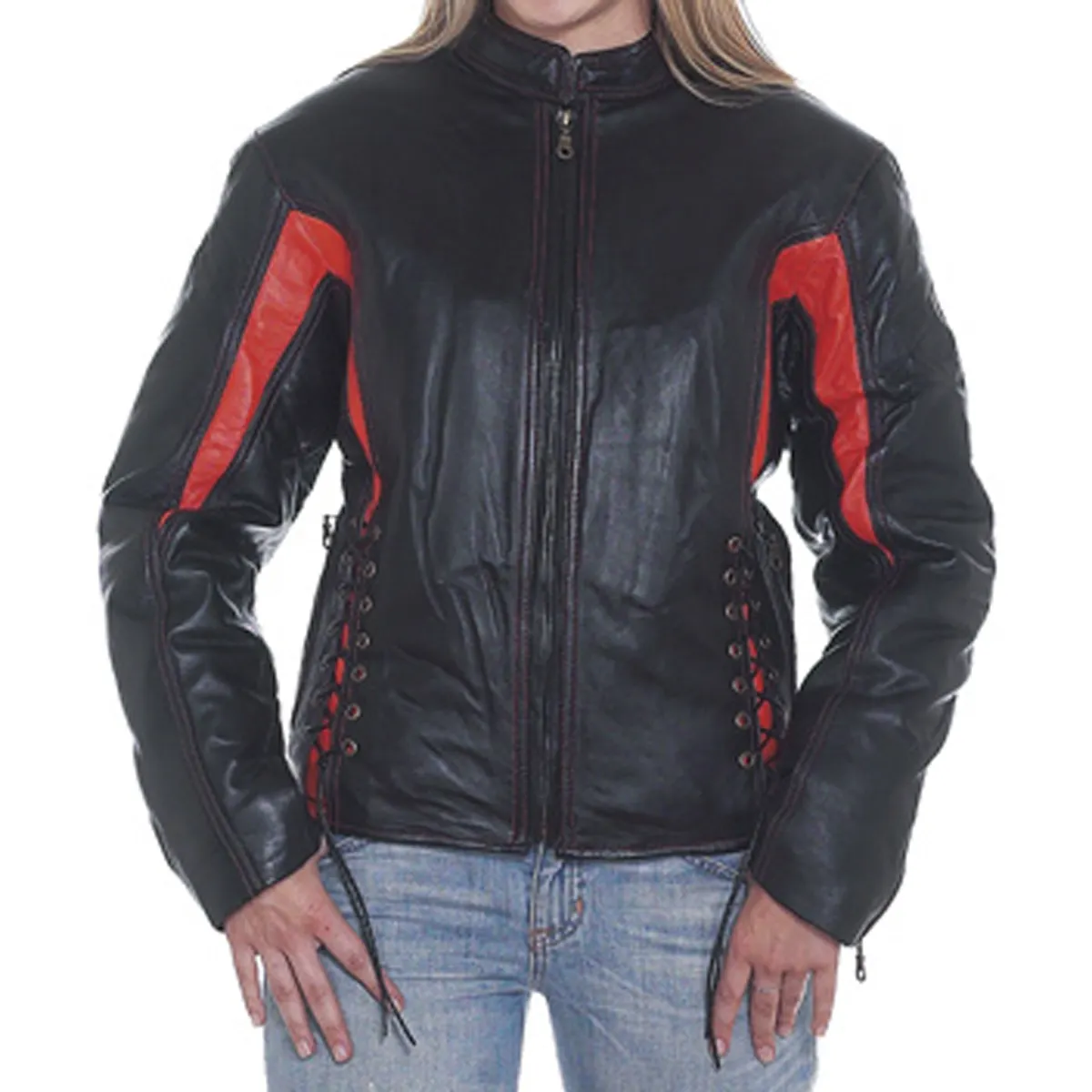 HMB-0266B FRAUEN LEDERJACKE MOTOR BIKE MODE COAT ROT SCHWARZ BIKER MÄDCHEN MOTORRAD COATS