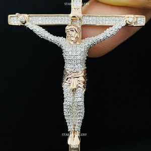 10K Gold Plated Iced Out Lab Grown Diamond Christian Custom Unisex Hip Hop Round Brilliant Cut Jesus <b>Cross</b> Pendant - Product Image 3