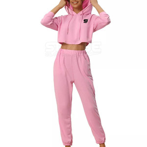 Winter Hooded Casual Solid <b>Crop</b> <b>Top</b> Tracksuit Set with Modern Cut and Soft Stretchy Construction - Product Image 1