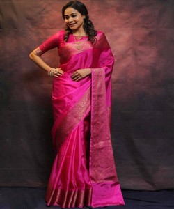 ATRACTIVO SOFT LICHI SEDA JACQUARD TRABAJO SAREE CON BLUSA SIN COSTAR DESPIECE PRECIO AL POR MAYOR PRENDA ÉTNICA ROSA - Product Image 1