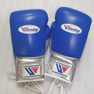 Gants de boxe gagnants Gants d'entraînement professionnel Gants de sparring à lacets Gants de poinçonnage en cuir bleu argenté - Product Image 5