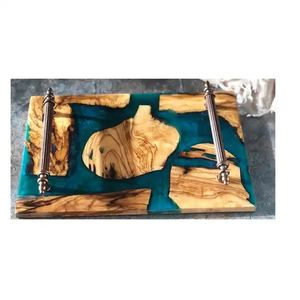 Plateau de service en bois incrusté de résine artisanale Plateau de service en résine d'art fonctionnel de haute qualité fait à la main restaurants hôtel - Product Image 4