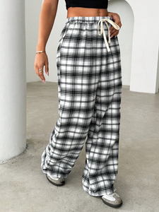 Wholesale Unisex <b>Winter</b> Flannel Pajamas <b>Trousers</b> Elastic Waist Flat Front Plaid Soft Sleep Pants - Product Image 4