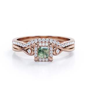 Anillo de Plata de Ley 925 con Doble Banda, Corte Princesa Clásico, Ágata Verde Musgo y Circonita con Engaste de Garras para Boda, Compromiso o Fiesta - Product Image 3