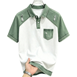 Polo en coton pour homme, blanc et vert contrasté, avec poche, manches courtes, coupe classique, décontracté, respirant, tricoté, idéal pour le golf et l'été - Product Image 1