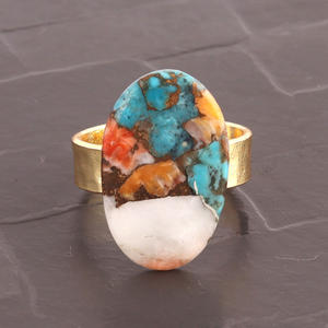 Design de mode forme ovale mohave turquoise plaqué or bague réglable finition martelée bande large minimaliste bague de fiançailles cadeau - Product Image 1