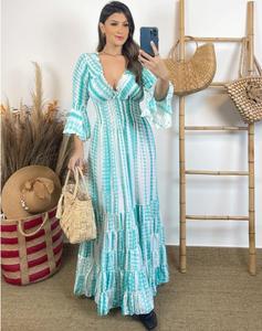 Robe une pièce d'été pour femme Nouvelle collection rayonne tie-dye avec manches longues à volants et col plongeant - Product Image 1