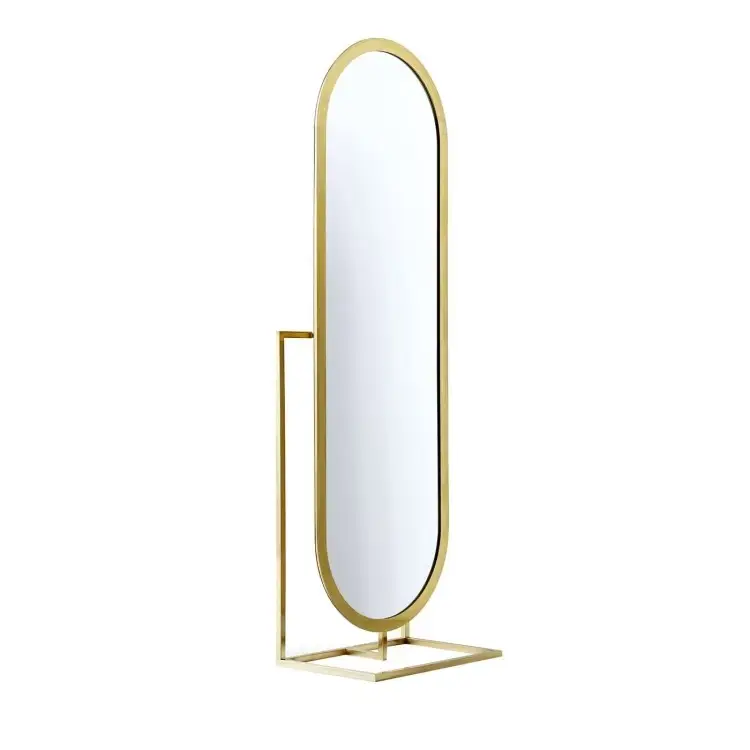 Pabrik Penjualan Langsung Tahan Lama Dekoratif Berbentuk Oval Emas Desain Minimalis Bingkai Kuningan Cermin Lantai untuk Ruang Tamu Hotel