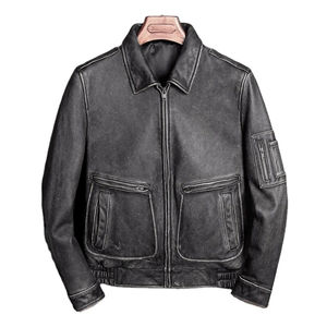 Veste en cuir de vachette véritable marron vintage pour homme, blouson bombardier épais avec col montant et logo sur le devant en toile, OEM - Product Image 2