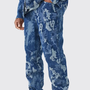 DENIM Pantalones de Jogger personalizados Cintura alta Casual Distress Wax Flare Fit Blue Skinny Flair Pantalones - Product Image 1