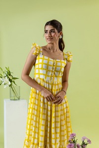 เดรสผ้าฝ้ายลายตาหมากรุกสีเหลืองไร้สายสำหรับผู้หญิงเดรสลำลองสไตล์ Y2K จากผู้ผลิตอินเดีย - Product Image 2