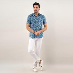 Chemise décontractée pour homme en popeline de coton bleu indigo, coupe classique, respirante, imprimée de fleurs, taille 6XL pour l'été - Product Image 6