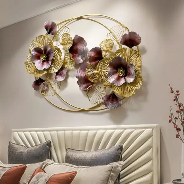 Mewah elegan indah desain logam Aluminium Etching gantung bunga dinding seni Burgundy & emas untuk ruang tamu & kamar tidur