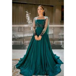 Robe longue trapèze Merram en soie brute vert-mer pour filles, design taille naturelle - Product Image 1