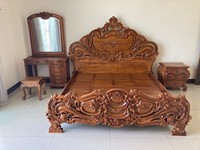 Table de toilette fonctionnelle, magnifique, artisanale, durable, en teck massif européen, avec miroir amovible sculpté