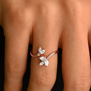 แหวนแฟชั่น14K สีทองล้วนประดับเพชรลูกแพร์และมาคีส์ตัดลายดอกไม้แหวนแต่งงานเปิดแหวนนิ้วปรับขนาดได้ - Product Image 4