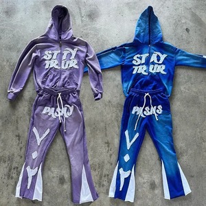 Conjuntos de dos piezas personalizados apliques desgastados logotipo bordado pantalones de chándal joggers chándal acampanado unisex lavado ácido jogging trajes hombres - Product Image 6