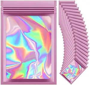 Embalagem de arco-íris para joias personalizadas com zíper à prova de água saco plástico holográfico rosa reutilizável
