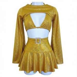 Ensemble de vêtements de festival dorés métalliques brillants, tenue de rave sexy 3 pièces, haut de bikini scintillant pour femme, boléro et mini-jupe, costume de danse - Product Image 2